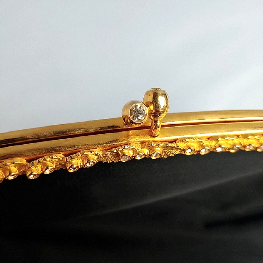 Vtg Harry Levine Black Satin Evening Clutch HL 24K Gold Plated Rhinestones Folds